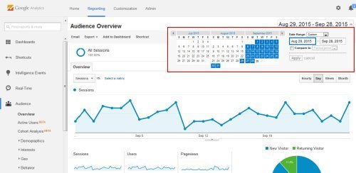 Selecting a date range in Google Analytics