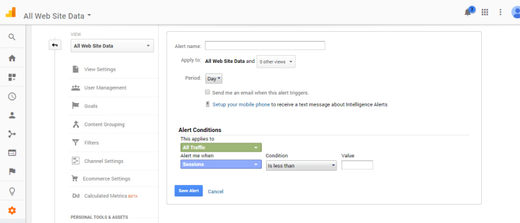 Creating a new Google Analytics Custom Alert